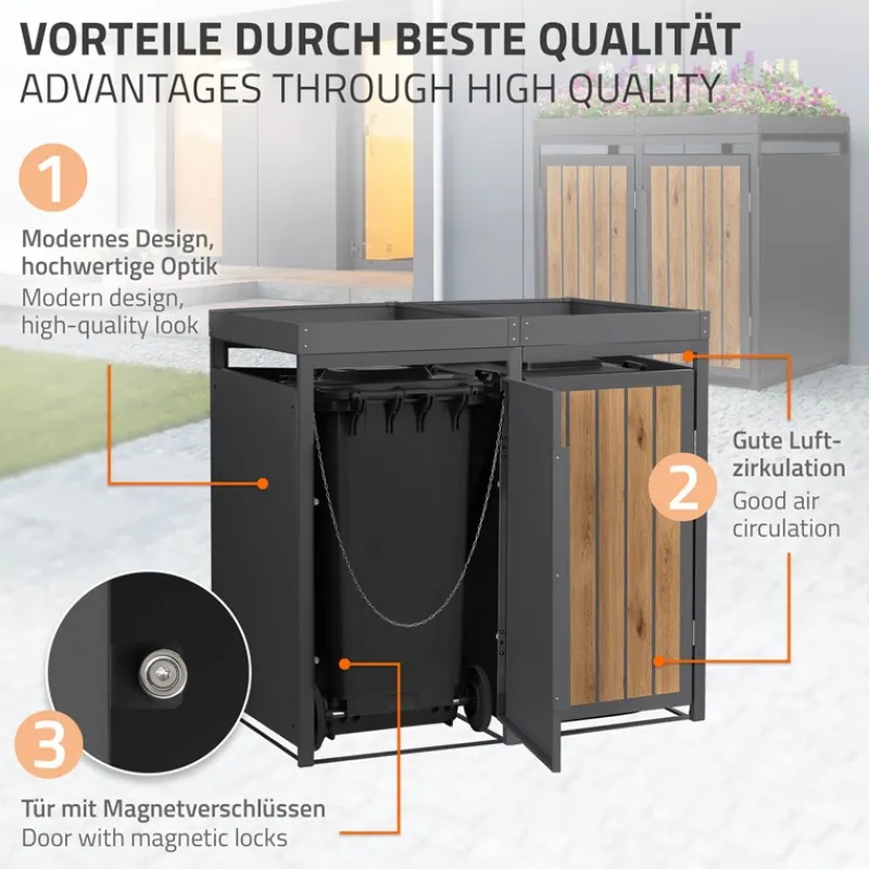 Mülltonnenbox mit Pflanzdach 2er bis 240 Liter 132x80x124 cm aus Stahl in Anthrazit-Holzoptik ML-Design-ECD Germany Discount