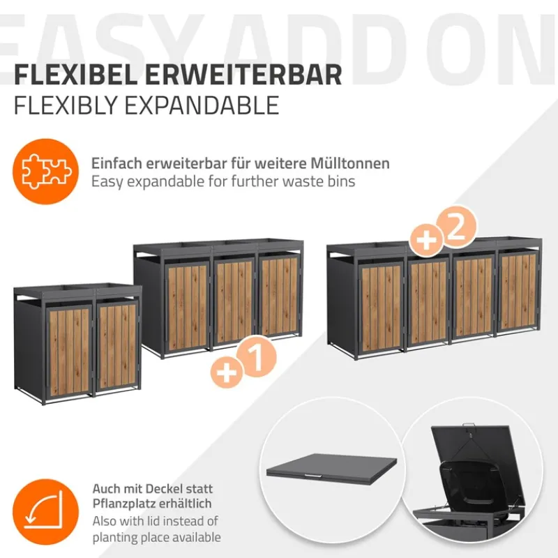 Mülltonnenbox mit Pflanzdach 2er bis 240 Liter 132x80x124 cm aus Stahl in Anthrazit-Holzoptik ML-Design-ECD Germany Discount