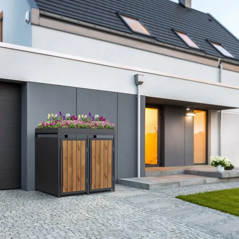 Mülltonnenbox mit Pflanzdach 2er bis 240 Liter 132x80x124 cm aus Stahl in Anthrazit-Holzoptik ML-Design-ECD Germany Discount