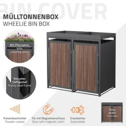 Mülltonnenbox mit Pflanzdach 2er bis 240 Liter 132x80x124 cm aus Stahl in Anthrazit-Eiche dunkel ML-Design-ECD Germany Online