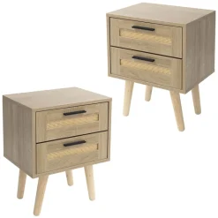Nachttisch 2er Set 40x50,5x30 cm Eiche-Optik Beistelltisch mit 2 Schubladen und Rattanfront & Massivholzfüßen ML-Design-ECD Germany Best