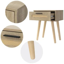 Nachttisch 40x50,5x30 cm Eiche-Optik Beistelltisch mit Rattanfront & Massivholzfüßen ML-Design-ECD Germany Outlet