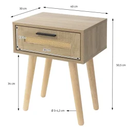 Nachttisch 40x50,5x30 cm Eiche-Optik Beistelltisch mit Rattanfront & Massivholzfüßen ML-Design-ECD Germany Outlet