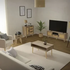 Nachttisch 40x50,5x30 cm Eiche-Optik Beistelltisch mit Rattanfront & Massivholzfüßen ML-Design-ECD Germany Outlet