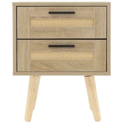 Nachttisch 40x50,5x30 cm Eiche-Optik Beistelltisch mit 2 Schubladen und Rattanfront & Massivholzfüßen ML-Design-ECD Germany