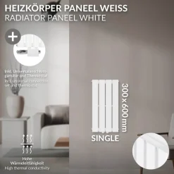 Paneelheizkörper Einlagig 300x600 mm Weiß mit Universale Anschlussgarnitur ML-Design-ECD Germany Outlet