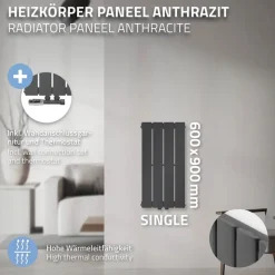 Paneelheizkörper Einlagig 600x300 mm Anthrazit mit Wand Anschlussgarnitur ML-Design-ECD Germany Hot