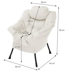 Relaxsessel Creme mit Armlehnen und dickem Kopfkissen und Metallgestell Loungesessel bis 120 kg ML-Design-ECD Germany Outlet