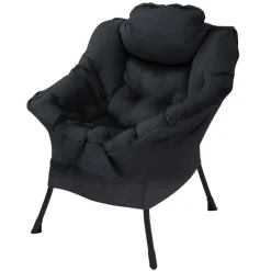 Relaxsessel Schwarz mit Armlehnen und dickem Kopfkissen und Metallgestell Loungesessel bis 120 kg ML-Design-ECD Germany Best