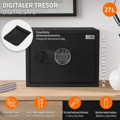 Safe Tresor 27L aus Stahl mit Elektronikschloss, Notschlüsseln und feuerfester Tasche-ECD Germany New