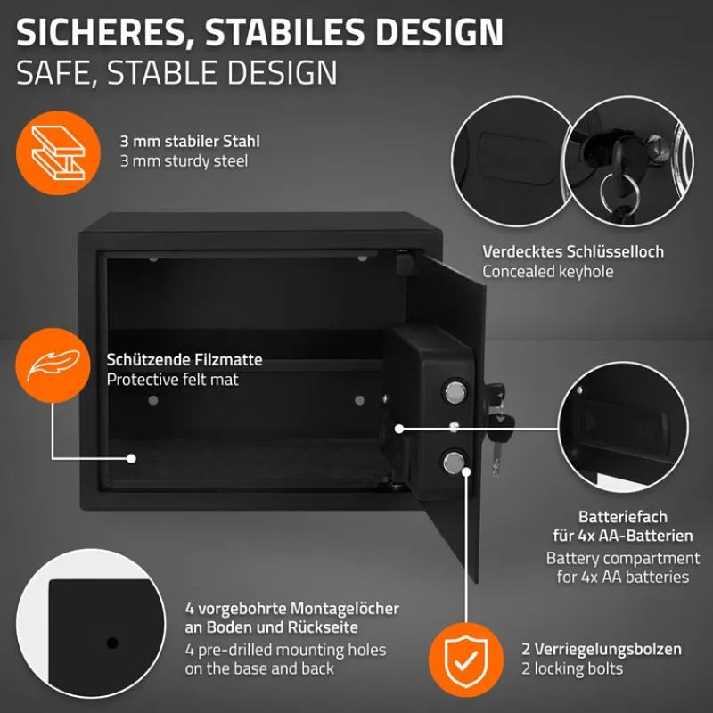 Safe Tresor 27L aus Stahl mit Elektronikschloss, Notschlüsseln und feuerfester Tasche-ECD Germany New