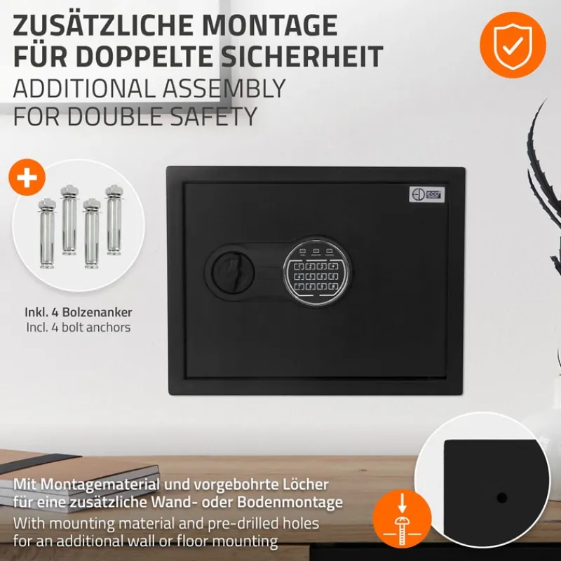 Safe Tresor 27L aus Stahl mit Elektronikschloss, Notschlüsseln und feuerfester Tasche-ECD Germany New
