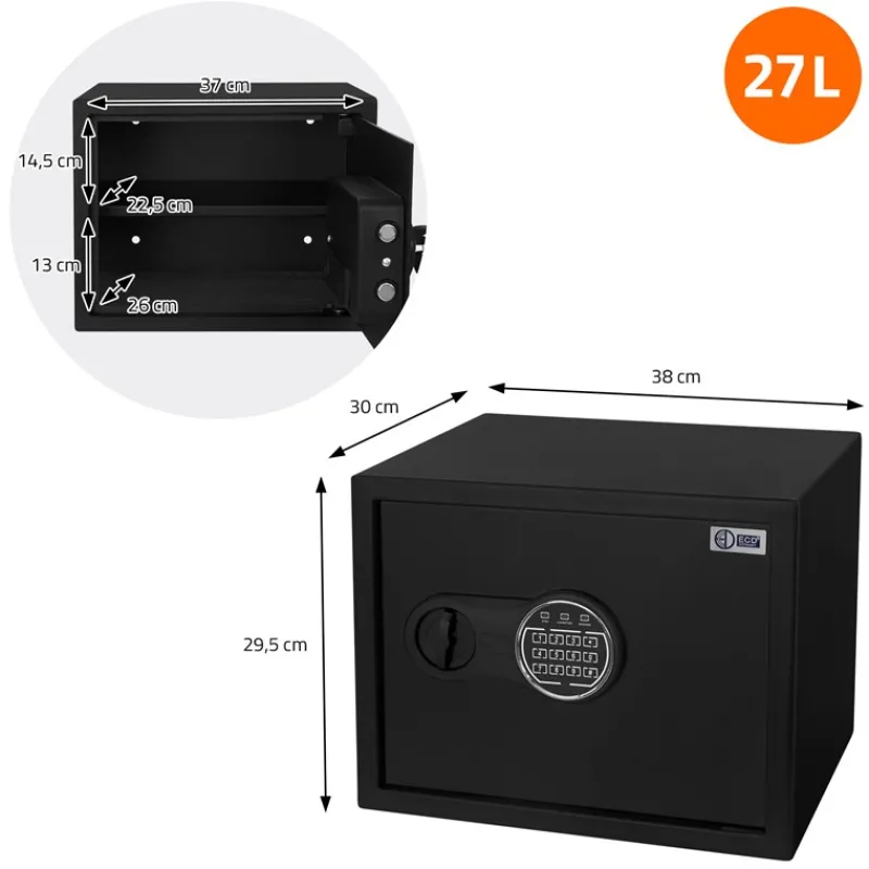 Safe Tresor 27L aus Stahl mit Elektronikschloss, Notschlüsseln und feuerfester Tasche-ECD Germany New