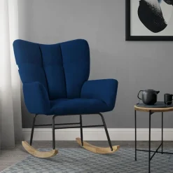 Schaukelstuhl mit Armlehnen in Frottee Dunkelblau bis 120 kg Naturholz Schaukelsessel Relaxstuhl-ECD Germany Hot