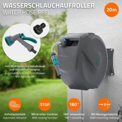 Schlauchaufroller 20m+2m Schlauchtrommel Wand-Schlauchbox RollUp mit Arretierstop und 9 Sprühfunktionen 180° Schwenkbar-ECD Germany Best