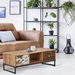 TV-Lowboard mit zwei Schubladen 110x50x40 cm aus Akazien- und Schwellenholz mit Metallbeine  WOMO-Design-ECD Germany Outlet