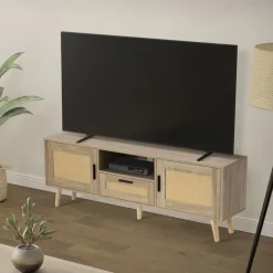 TV-Schrank Lowboard 140x50,5x30 cm Holz Eiche-Optik und Rattan Front TV-Board für Fernseher bis 65 Zoll ML-Design-ECD Germany Hot