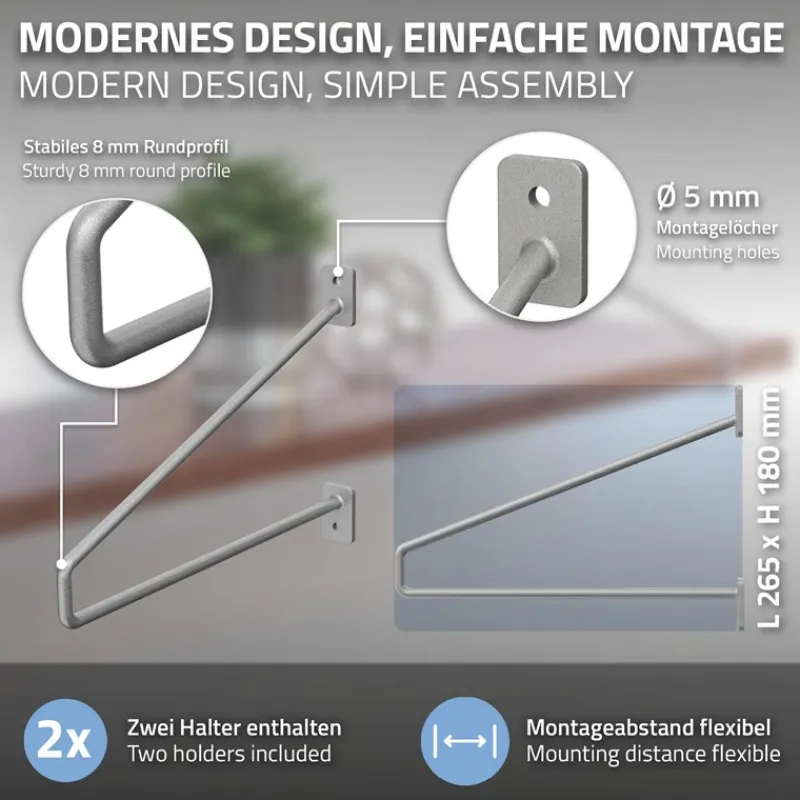 Wandkonsole Regalhalterung 2er Set 265 x 180 mm Grau aus Stahl ML-Design-ECD Germany