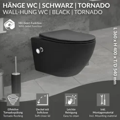 Wand-WC Hänge Toilette aus Keramik Matt Schwarz 54 cm lang Spülrandlos mit Bidet & Softclose Luxebath-ECD Germany Sale