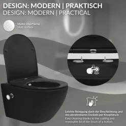 Wand-WC Hänge Toilette aus Keramik Matt Schwarz 54 cm lang Spülrandlos mit Bidet & Softclose Luxebath-ECD Germany Sale