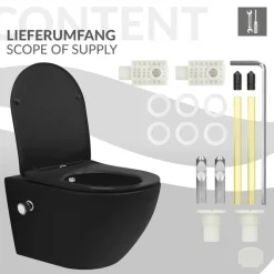 Wand-WC Hänge Toilette aus Keramik Matt Schwarz 54 cm lang Spülrandlos mit Bidet & Softclose Luxebath-ECD Germany Sale