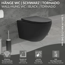 Wand-WC Hänge Toilette aus Keramik Matt Schwarz 54 cm lang Spülrandlos mit Nanoversiegelung & Softclose Luxebath-ECD Germany Best