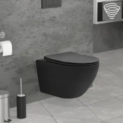 Wand-WC Hänge Toilette aus Keramik Matt Schwarz 54 cm lang Spülrandlos mit Softclose Luxebath-ECD Germany Outlet