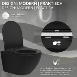 Wand-WC Hänge Toilette aus Keramik Matt Schwarz 54 cm lang Spülrandlos mit Softclose Luxebath-ECD Germany Outlet