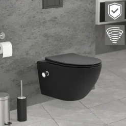 Wand-WC Hänge Toilette aus Keramik Matt Schwarz 54 cm lang Spülrandlos mit Bidet, Nanoversiegelung & Softclose Luxebath-ECD Germany Hot