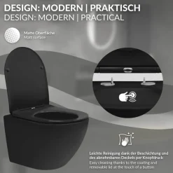 Wand-WC Hänge Toilette aus Keramik Schwarz matt 49cm lang Spülrandlos mit Nanoversiegelung & Softclose LuxeBath-ECD Germany