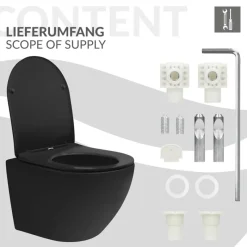 Wand-WC Hänge Toilette aus Keramik Schwarz matt 49cm lang Spülrandlos mit Nanoversiegelung & Softclose LuxeBath-ECD Germany
