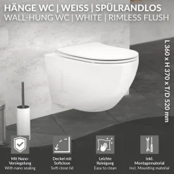 Wand-WC Hänge Toilette aus Keramik 52 cm lang Spülrandlos mit Nanoversiegelung& Softclose Luxebath-ECD Germany Outlet