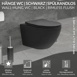 Wand-WC Hänge Toilette aus Keramik in Schwarz matt 54cm lang Spülrandlos mit Softclose LuxeBath-ECD Germany Clearance