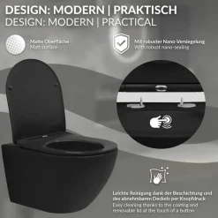 Wand-WC Hänge Toilette aus Keramik Matt Schwarz 54 cm lang Spülrandlos mit Nanoversiegelung & Softclose Luxebath-ECD Germany Sale