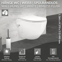Wand-WC Hänge Toilette aus Keramik 49 cm lang Spülrandlos mit Bidet & Softclose LuxeBath-ECD Germany Clearance