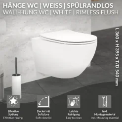 Wand-WC Hänge Toilette aus Keramik Weiß matt 54cm lang Spülrandlos mit Softclose Luxebath-ECD Germany Sale