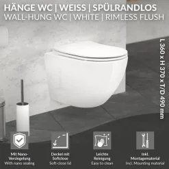 Wand-WC Hänge Toilette aus Keramik 49 cm lang Spülrandlos mit Nanoversiegelung & Softclose Luxebath-ECD Germany New