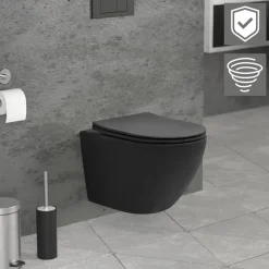 Wand-WC Hänge Toilette aus Keramik Matt Schwarz 49 cm lang Spülrandlos mit Nanoversiegelung & Softclose Luxebath-ECD Germany Sale