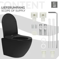 Wand-WC Hänge Toilette aus Keramik Matt Schwarz 49 cm lang Spülrandlos mit Nanoversiegelung & Softclose Luxebath-ECD Germany Sale
