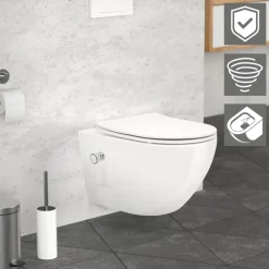 Wand-WC Hänge Toilette aus Keramik 54 cm lang Spülrandlos mit Bidet, Nanoversiegelung & Softclose Luxebath-ECD Germany