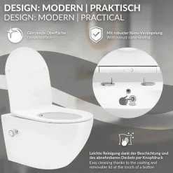 Wand-WC Hänge Toilette aus Keramik 54 cm lang Spülrandlos mit Bidet, Nanoversiegelung & Softclose Luxebath-ECD Germany