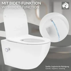 Wand-WC Hänge Toilette aus Keramik 54 cm lang Spülrandlos mit Bidet, Nanoversiegelung & Softclose Luxebath-ECD Germany
