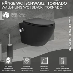 Wand-WC Hänge Toilette aus Keramik Matt Schwarz 49 cm lang Spülrandlos mit Bidet, Nanoversiegelung & Softclose Luxebath-ECD Germany Hot
