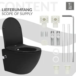 Wand-WC Hänge Toilette aus Keramik Matt Schwarz 49 cm lang Spülrandlos mit Bidet, Nanoversiegelung & Softclose Luxebath-ECD Germany Hot
