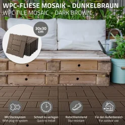 WPC Terrassenfliesen 30x30 cm 11er Set für 1m² Dunkelbraun in Holzoptik Mosaik mit Drainage und Klicksystem-ECD Germany