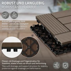 WPC Terrassenfliesen 30x30 cm 11er Set für 1m² Dunkelbraun in Holzoptik Mosaik mit Drainage und Klicksystem-ECD Germany