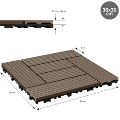 WPC Terrassenfliesen 30x30 cm 11er Set für 1m² Dunkelbraun in Holzoptik Mosaik mit Drainage und Klicksystem-ECD Germany