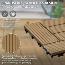 WPC Terrassenfliesen 30x30 cm 11er Set für 1m² Teak in Holzoptik Mosaik mit Drainage und Klicksystem-ECD Germany Best