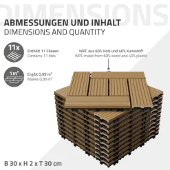 WPC Terrassenfliesen 30x30 cm 11er Set für 1m² Teak in Holzoptik Mosaik mit Drainage und Klicksystem-ECD Germany Best