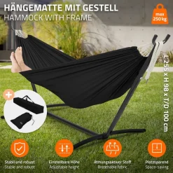 XXL Hängematte mit Stahlgestell bis 250 kg Schwarz inkl. Tragetasche ML-Design-ECD Germany Online